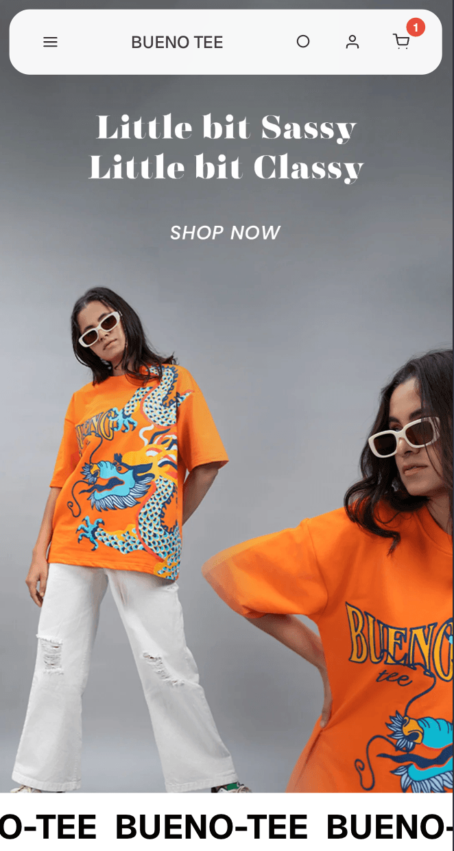 Bueno Tee Mobile Website Screenshot